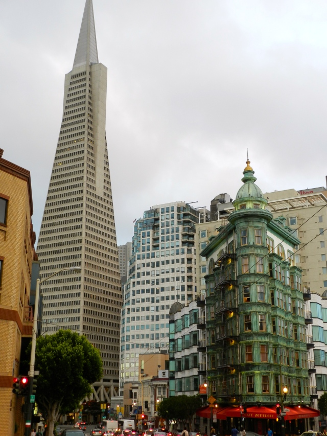 Cafe Zoetroppe and the TransAmerica Building from Colombus Street in North Beach