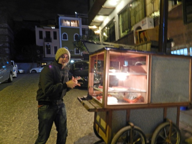 Alex is over joyed to have Kabob man right outside our hostel in Istanbul!