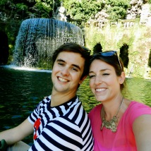 We occasionally take pictures together. They all look like this and the backgrounds just change. In this case one of the awesome fountains we found while wandering the gardens.